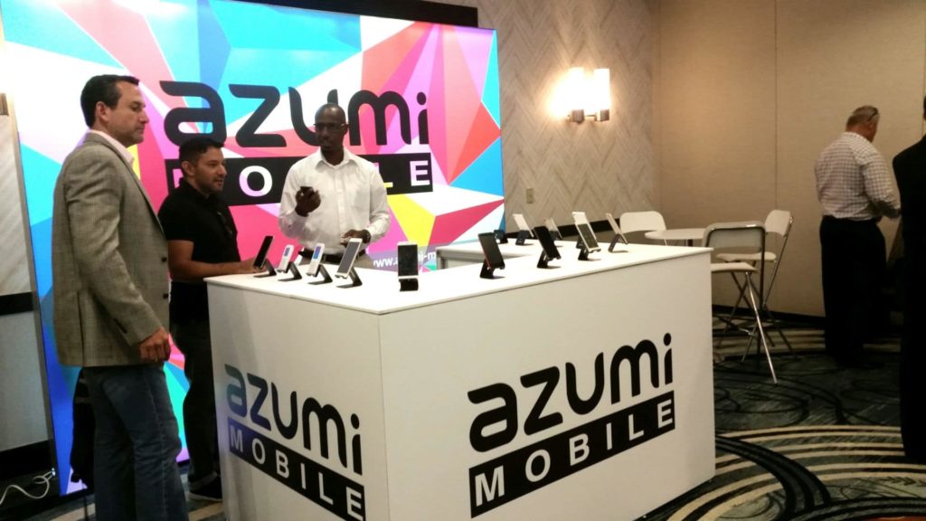 The Azumi Mobile trade show booth with phones exhibition